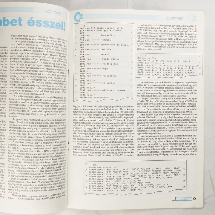 Commodore újság szoftver rovat Technikai cikk és BASIC kód részlet az újságban.