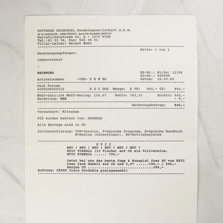 Eredeti 1995-ös vásárlási bizonylat