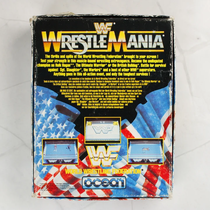 WWF WrestleMania Commodore 64 játék dobozának hátulja