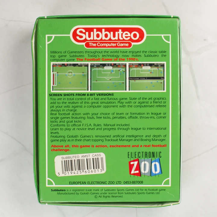 Subbuteo videójáték doboz hátoldal A Subbuteo videójáték dobozának hátoldala leírással és képernyőmentésekkel