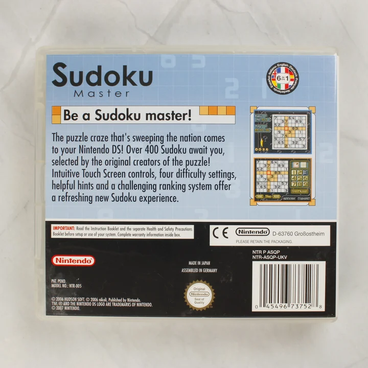Sudoku Master NDS hátlap Sudoku Master Nintendo DS játék tokjának hátlapja