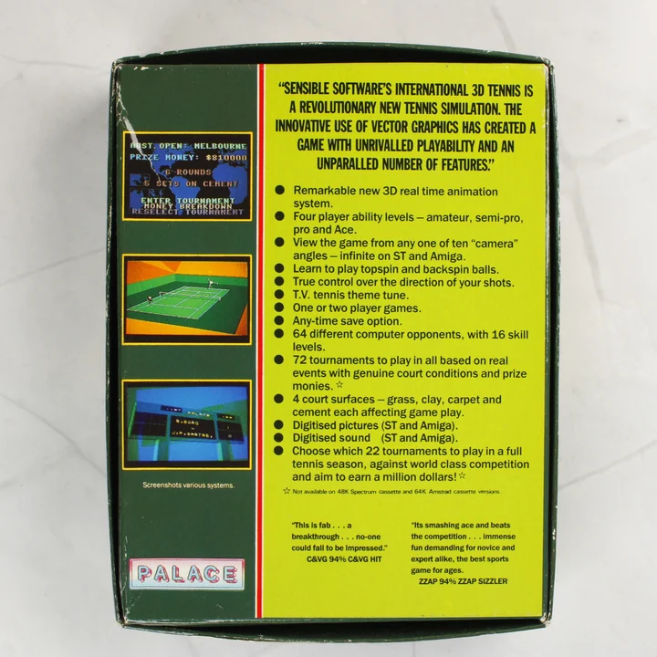 International 3D Tennis Commodore 64 játék dobozának hátoldala