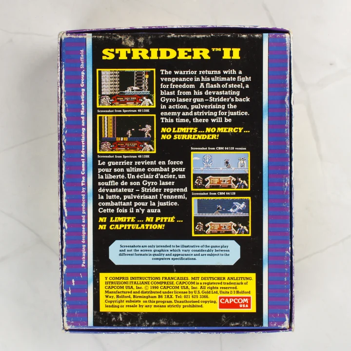Strider II videójáték dobozának hátoldala