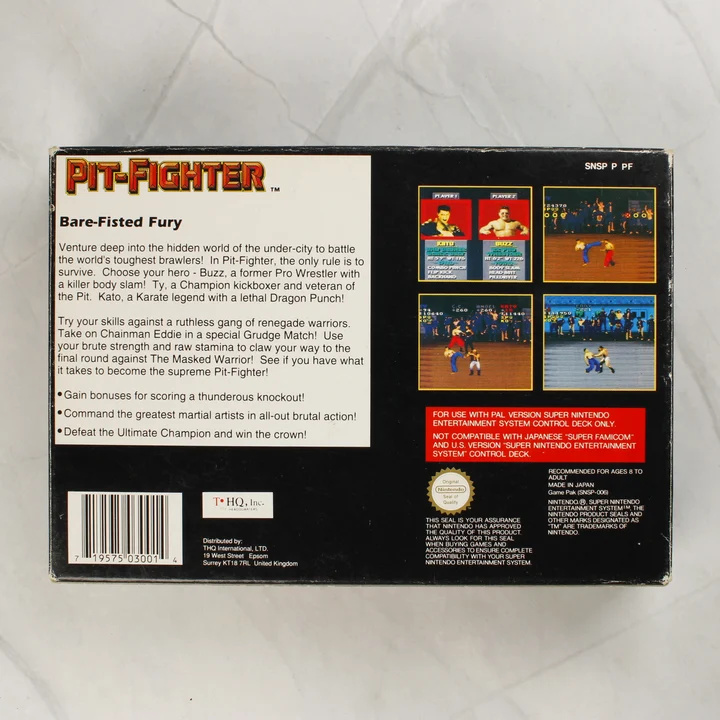 Pit-Fighter SNES doboz hátlap Pit-Fighter SNES játék dobozának hátlapja