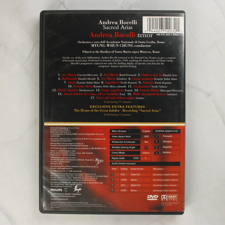 Andrea Bocelli Sacred Arias DVD hátlap Andrea Bocelli Sacred Arias DVD hátlapja számlistával