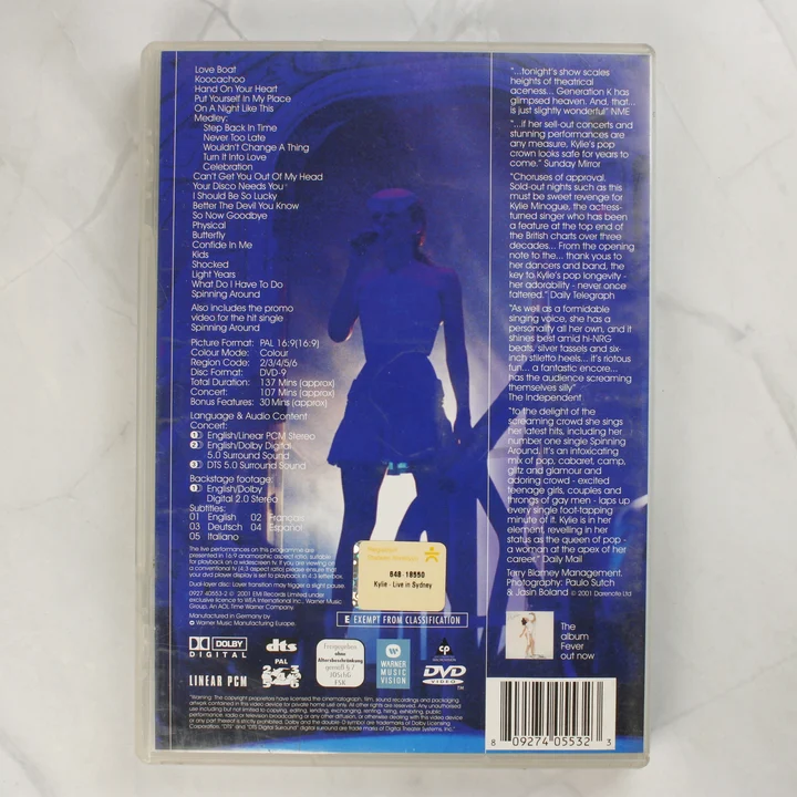 Kylie Minogue Live in Sydney DVD hátoldala