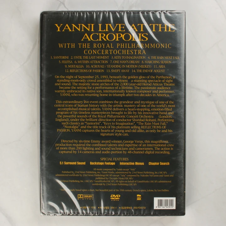 Yanni Live at the Acropolis DVD hátlap Yanni Live at the Acropolis DVD hátlapja a dallistával