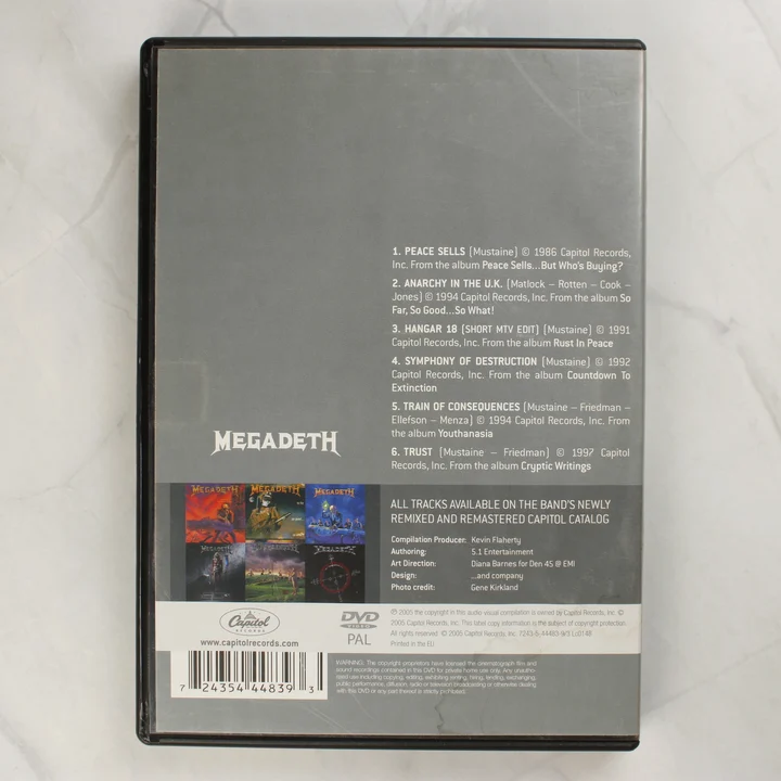 Megadeth Video Hits DVD hátoldala a dallistával és technikai adatokkal