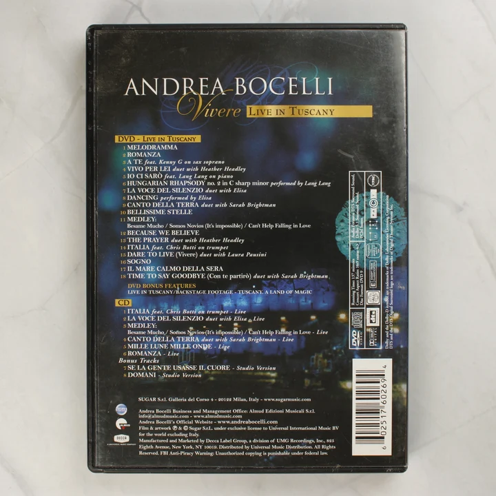 Andrea Bocelli Vivere Live in Tuscany DVD hátlap Andrea Bocelli Vivere Live in Tuscany DVD tok hátlapja a dallistával