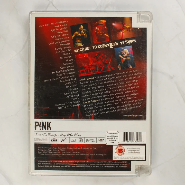P!nk Live In Europe DVD hátlap P!nk Live In Europe DVD hátoldala a számlistával