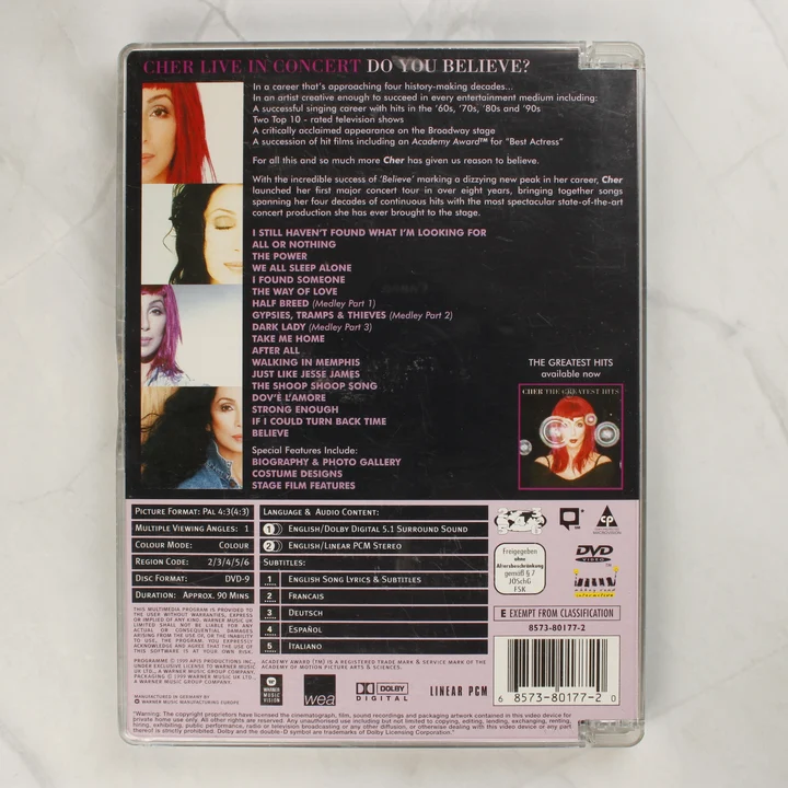 Cher Live in Concert DVD hátlapja technikai adatokkal