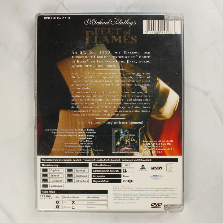 Michael Flatley Feet of Flames DVD hátlapja német nyelvű leírással