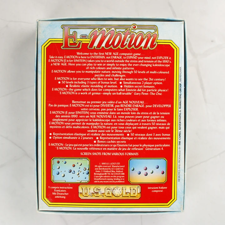 E-Motion doboz hátnézet Az E-Motion videójáték dobozának hátoldala leírásokkal és képernyőfotókkal