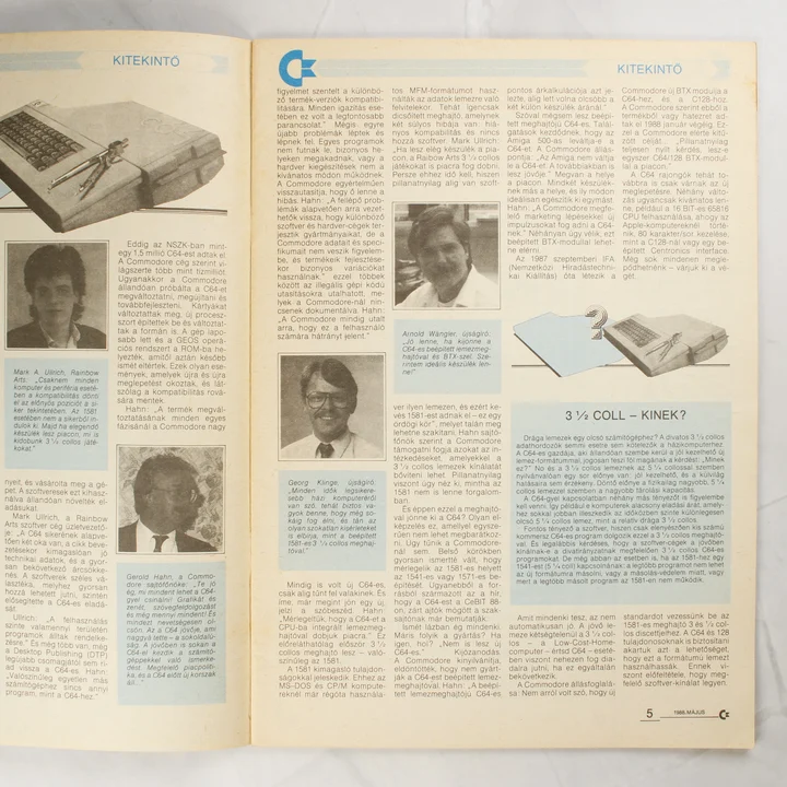 A CK újság belső oldalai cikkekkel és fekete-fehér fotókkal a Commodore 64-ről.