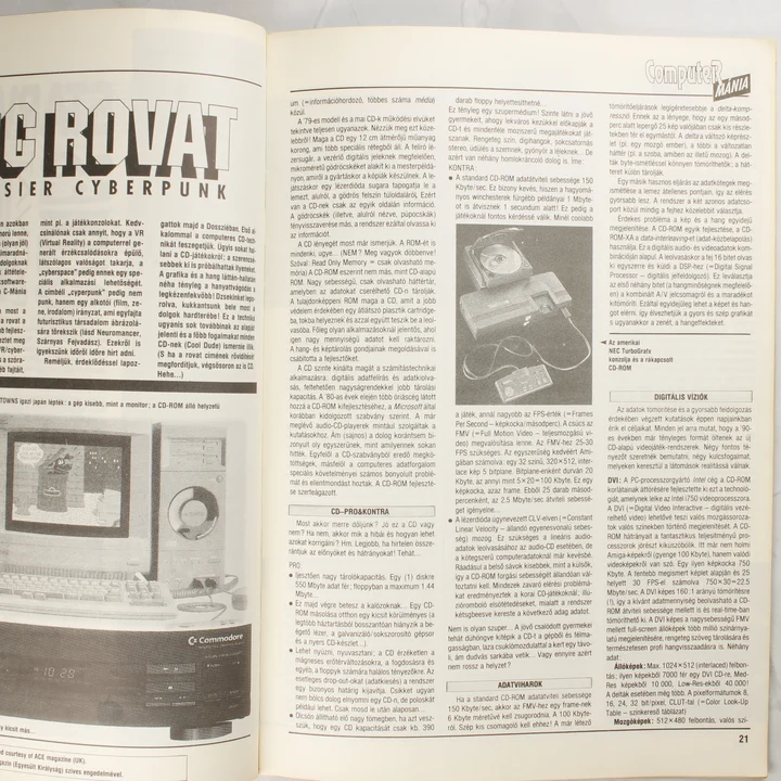 Computer Mánia 1991/5 belső oldal A Computer Mánia magazin belső oldala a Cyberpunk rovatról és a CD-ROM technológiáról