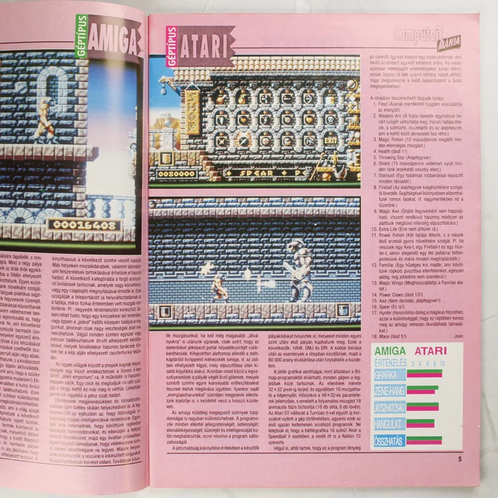 Computer Mánia 1991/5 játékismertető A Computer Mánia magazin belső oldala a Gods videójáték ismertetőjével