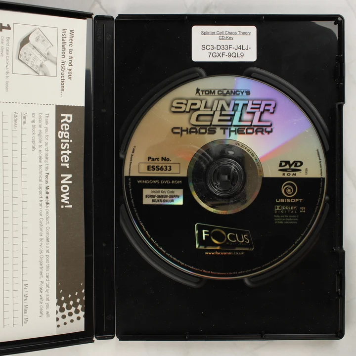 Splinter Cell Chaos Theory lemez és belső Splinter Cell Chaos Theory nyitott tok és DVD lemez