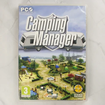 Camping Manager PC játék előlapi borítója lakókocsival és kempinggel