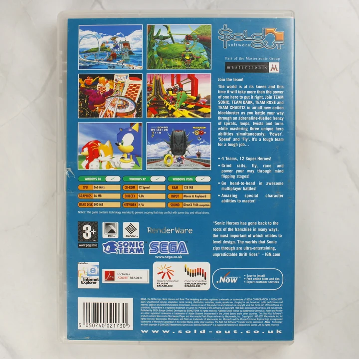 Sonic Heroes PC hátlap Sonic Heroes PC játék hátlapja