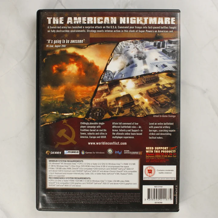 A World in Conflict videójáték tokjának hátoldala a rendszerkövetelményekkel.