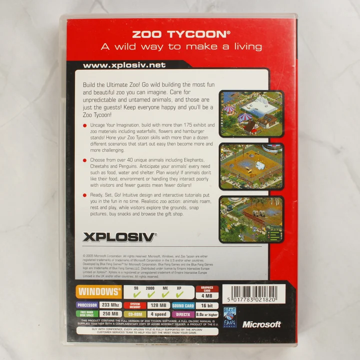 Zoo Tycoon PC játék hátlapja rendszerkövetelményekkel