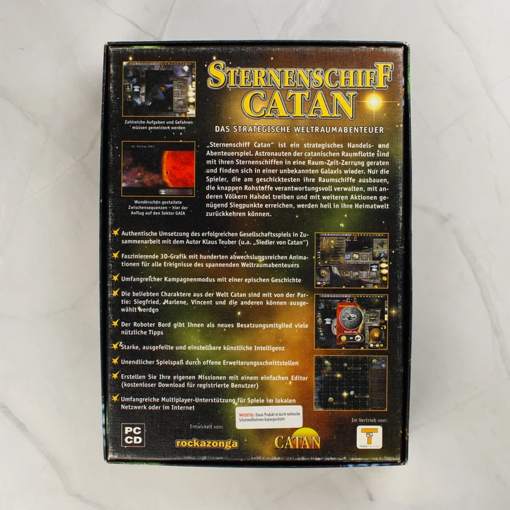 Sternenschiff Catan doboz hátulja Sternenschiff Catan PC játék dobozának hátoldala