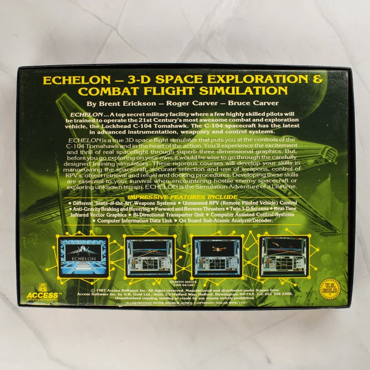 Echelon doboz hátlap Az Echelon videójáték dobozának hátoldala leírással és képernyőfotókkal