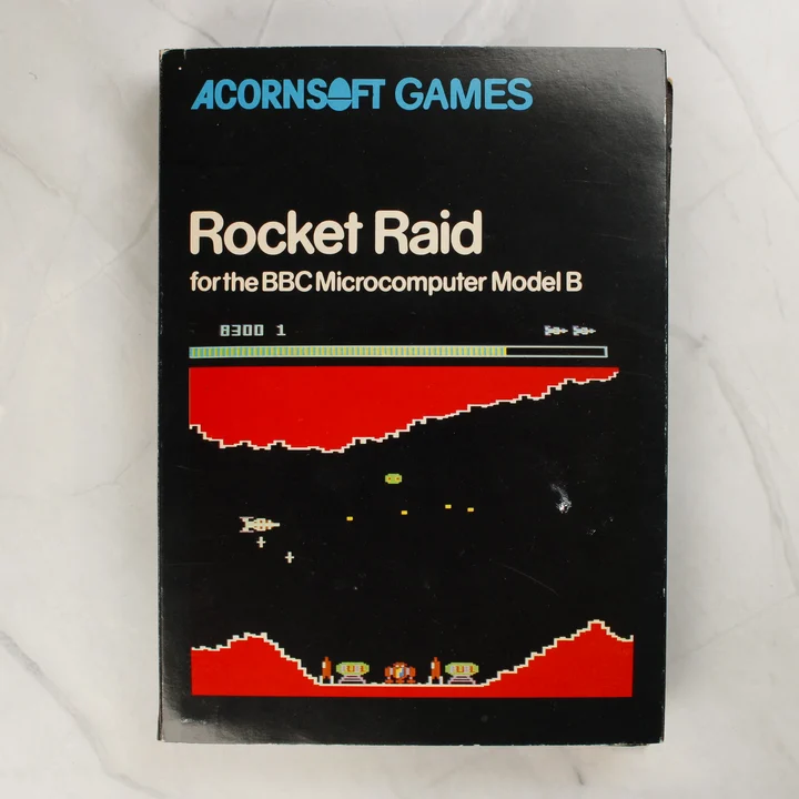 Rocket Raid előlap Rocket Raid videójáték tokjának előlapja BBC Microcomputer Model B-hez