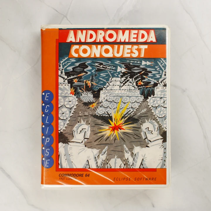 Andromeda Conquest C64 doboz Az Andromeda Conquest Commodore 64 játék elölnézete a színes borítóval