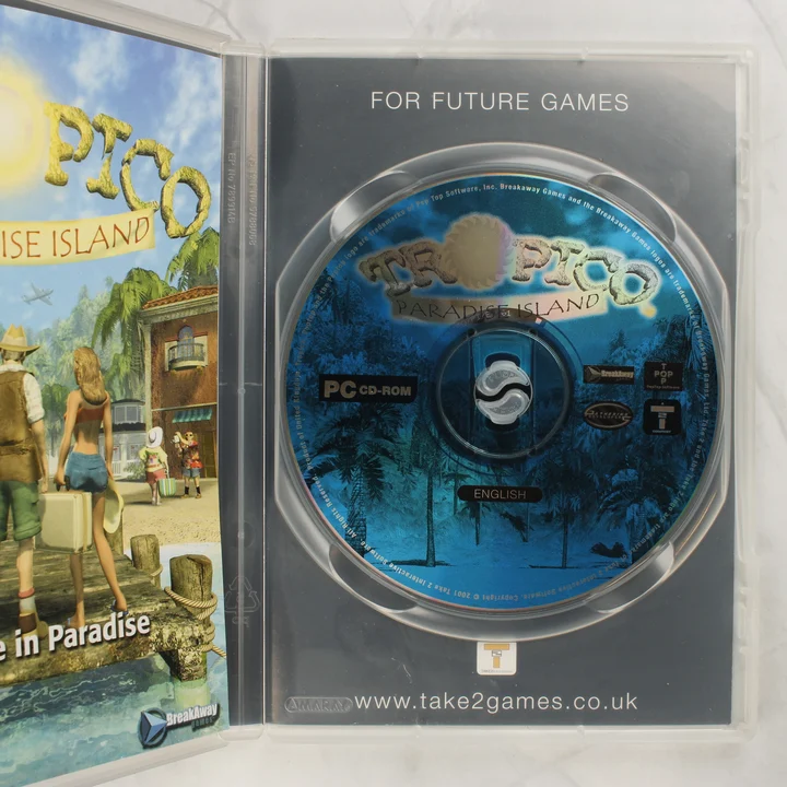 Tropico Paradise Island CD A nyitott tokban lévő Tropico: Paradise Island CD-ROM lemez
