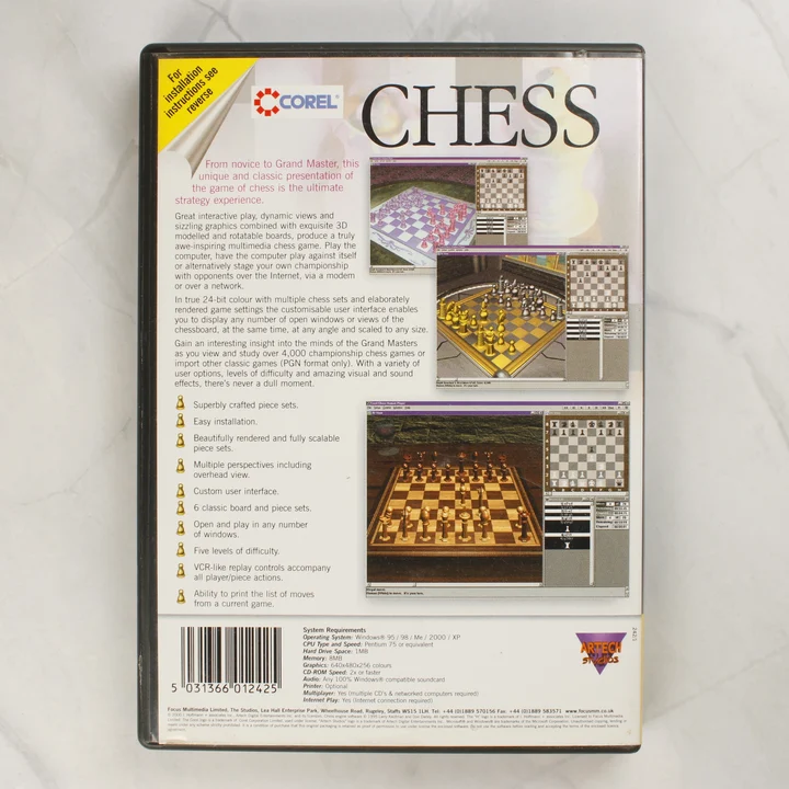 Corel Chess PC játék hátlapja technikai adatokkal