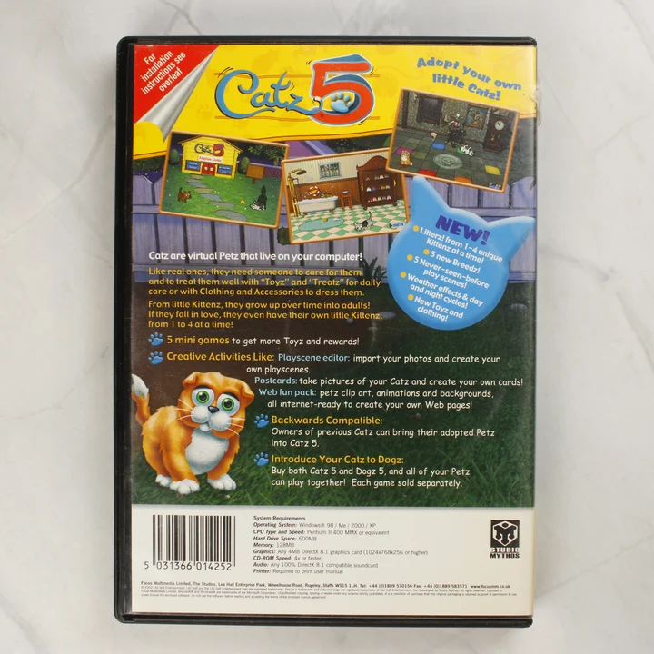 Catz 5 hátlap A Catz 5 videójáték tokjának hátoldala a leírással és rendszerkövetelményekkel