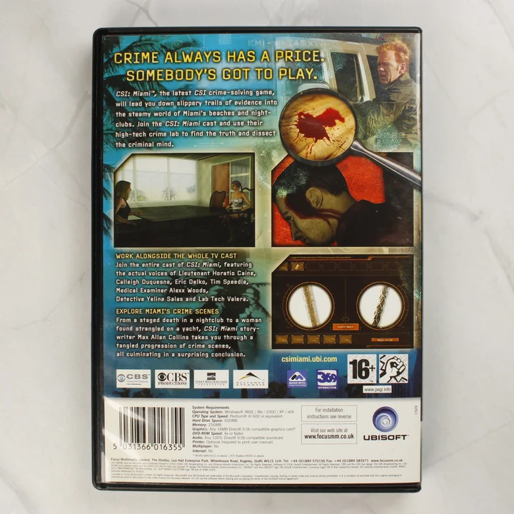 CSI: Miami PC játék hátlap CSI: Miami PC videójáték hátoldali borítója