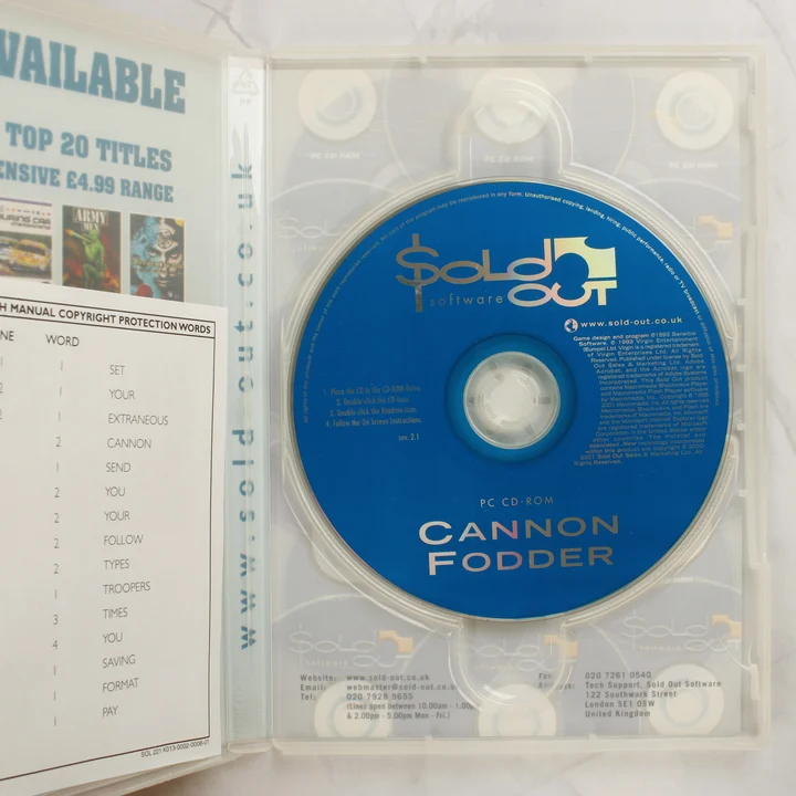 Cannon Fodder lemez és belső Cannon Fodder nyitott tok és lemez