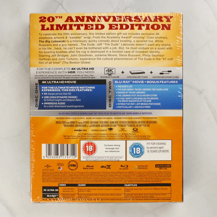 The Big Lebowski 20th Anniversary 4K Back The Big Lebowski 20. évfordulós limitált kiadású 4K Ultra HD díszdoboz hátoldala