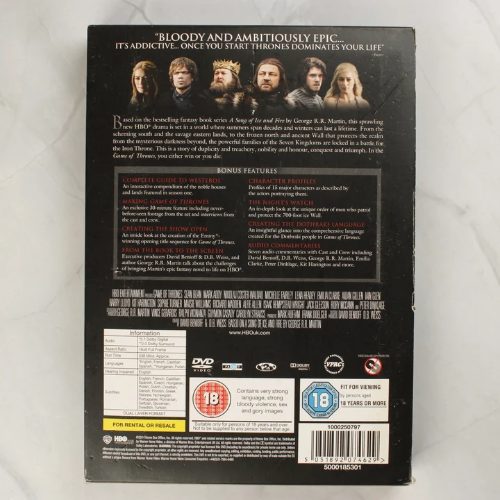 Game of Thrones első évad DVD díszdoboz hátlapja technikai adatokkal