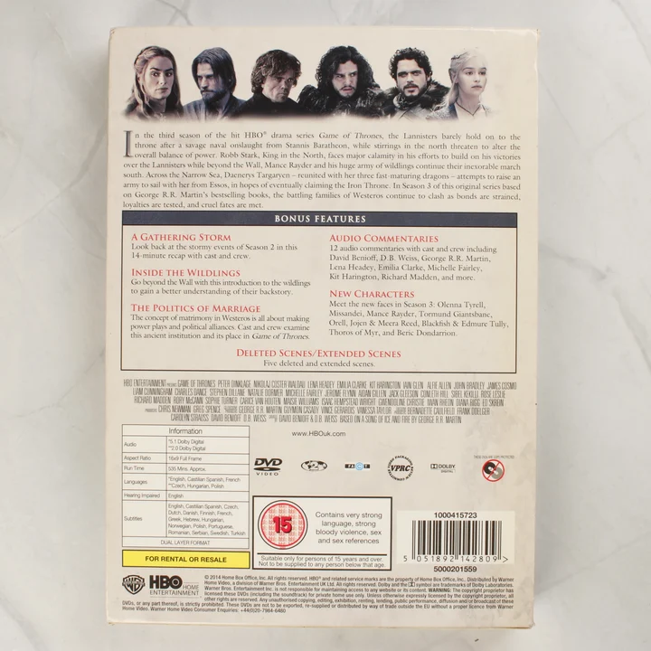 Game of Thrones harmadik évad DVD hátoldala technikai adatokkal