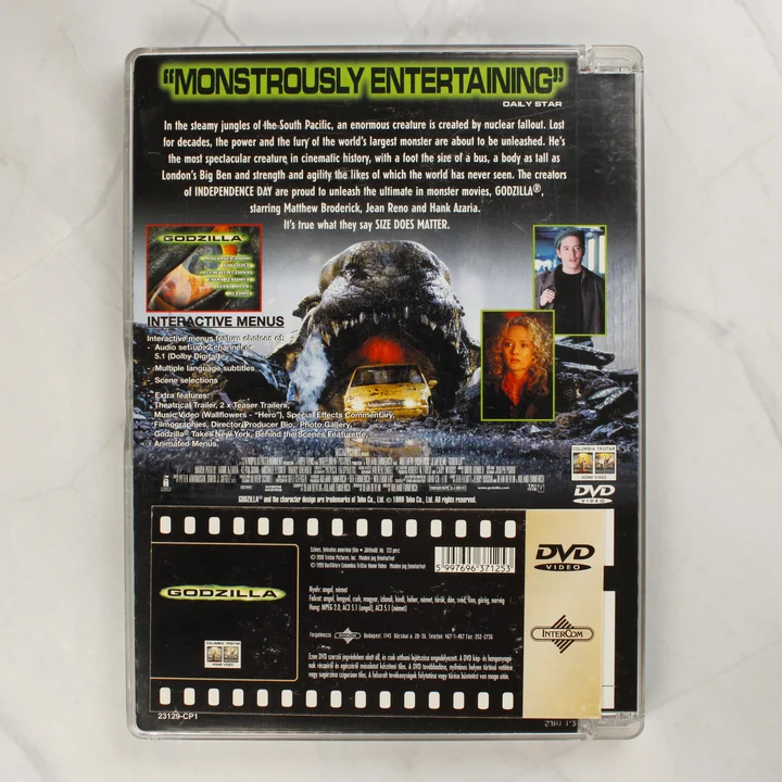 Godzilla 1998 DVD hátlap Godzilla 1998 DVD film hátoldala technikai adatokkal