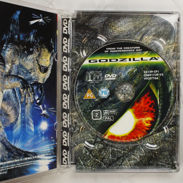 Godzilla 1998 DVD belső Nyitott Godzilla DVD tok a lemezzel
