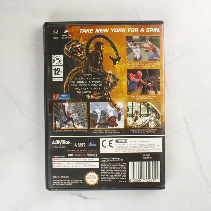 Spider-Man 2 Nintendo GameCube játék tokjának hátlapja