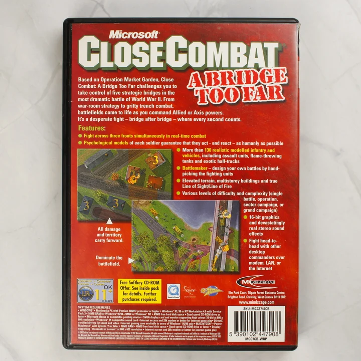 Close Combat A Bridge Too Far hátlap A Microsoft Close Combat: A Bridge Too Far videójáték hátoldala a rendszerkövetelményekkel