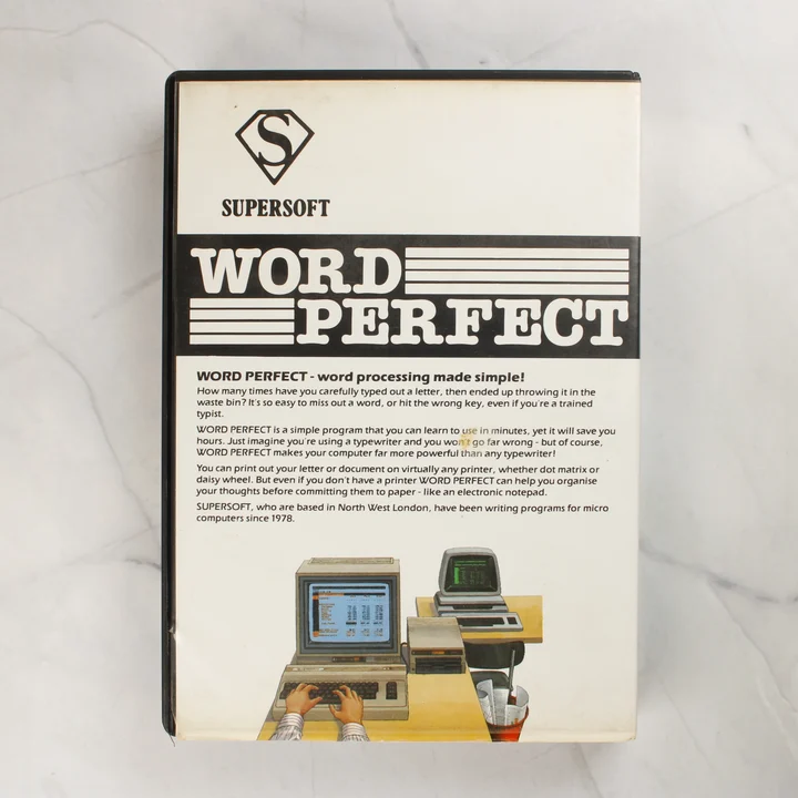 Supersoft Word Perfect Commodore 64 szoftver dobozának hátoldala
