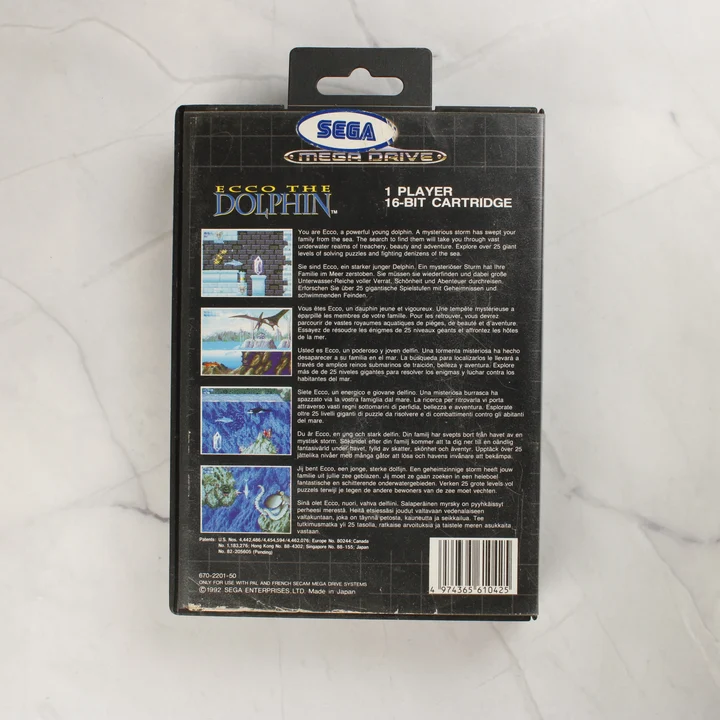 Ecco the Dolphin Sega Mega Drive hátoldal Ecco the Dolphin Sega Mega Drive játék dobozának hátoldala