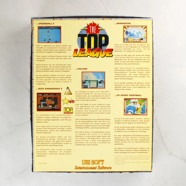 The Top League Atari ST játékgyűjtemény dobozának hátoldala