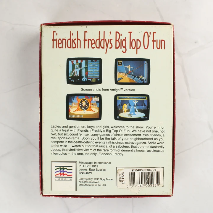 Fiendish Freddy's Big Top O' Fun doboz hátoldala képernyőfotókkal