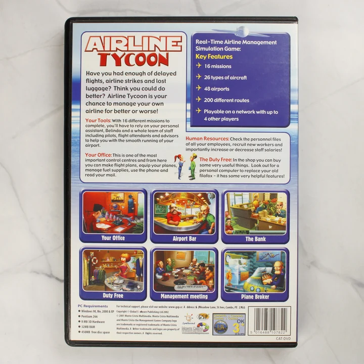 Airline Tycoon hátoldal Az Airline Tycoon videójáték tokjának hátoldala a leírással