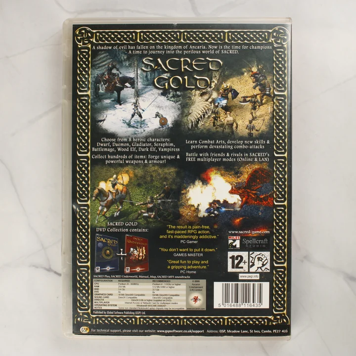 Sacred Gold PC játék hátlapi borítója leírással és rendszerkövetelményekkel