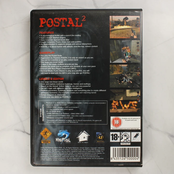Postal 2 PC videójáték hátoldala rendszerkövetelményekkel