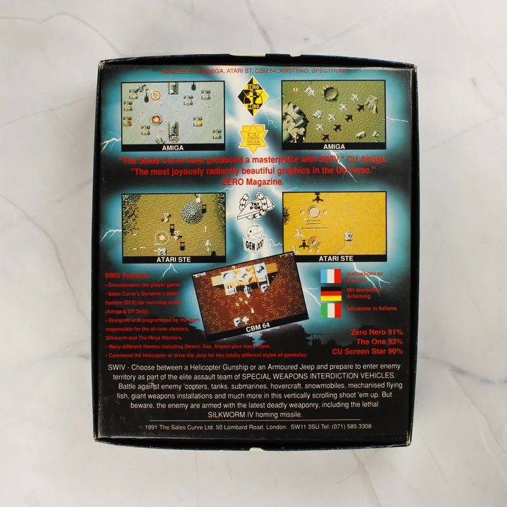 SWIV Amiga hátlap SWIV Amiga videójáték dobozának hátoldala