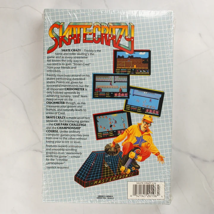 Skate Crazy C64 hátlap Skate Crazy Commodore 64 videójáték dobozának hátoldala